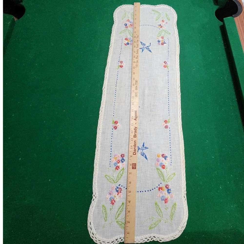 Antique Hand Embroidered Table Runner Bluebird Floral Crochet Lace Trim 36x11